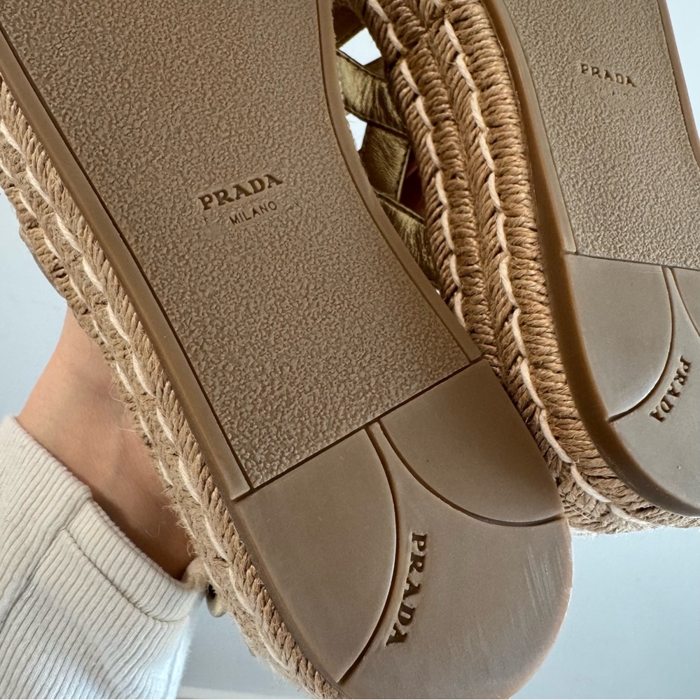 Prada Strappy Gold Leather Platform Espadrilles‎ Size 37.5 - Picture 6 of 9